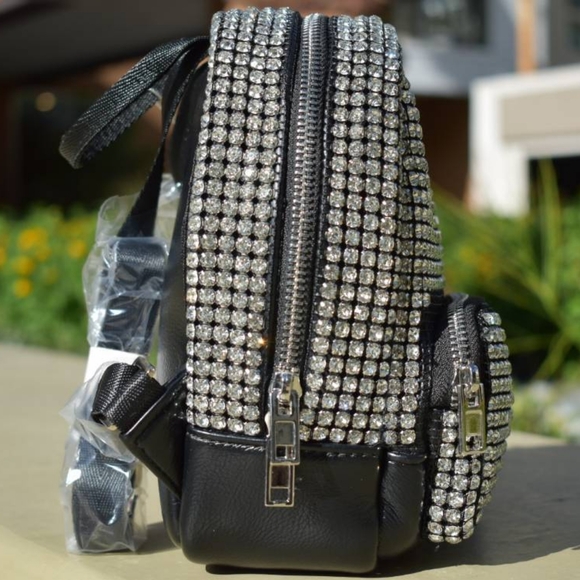 LMD 9000 Mini Silver Rhinestone Embellished Black Leather Women's Backpack - Picture 4 of 9